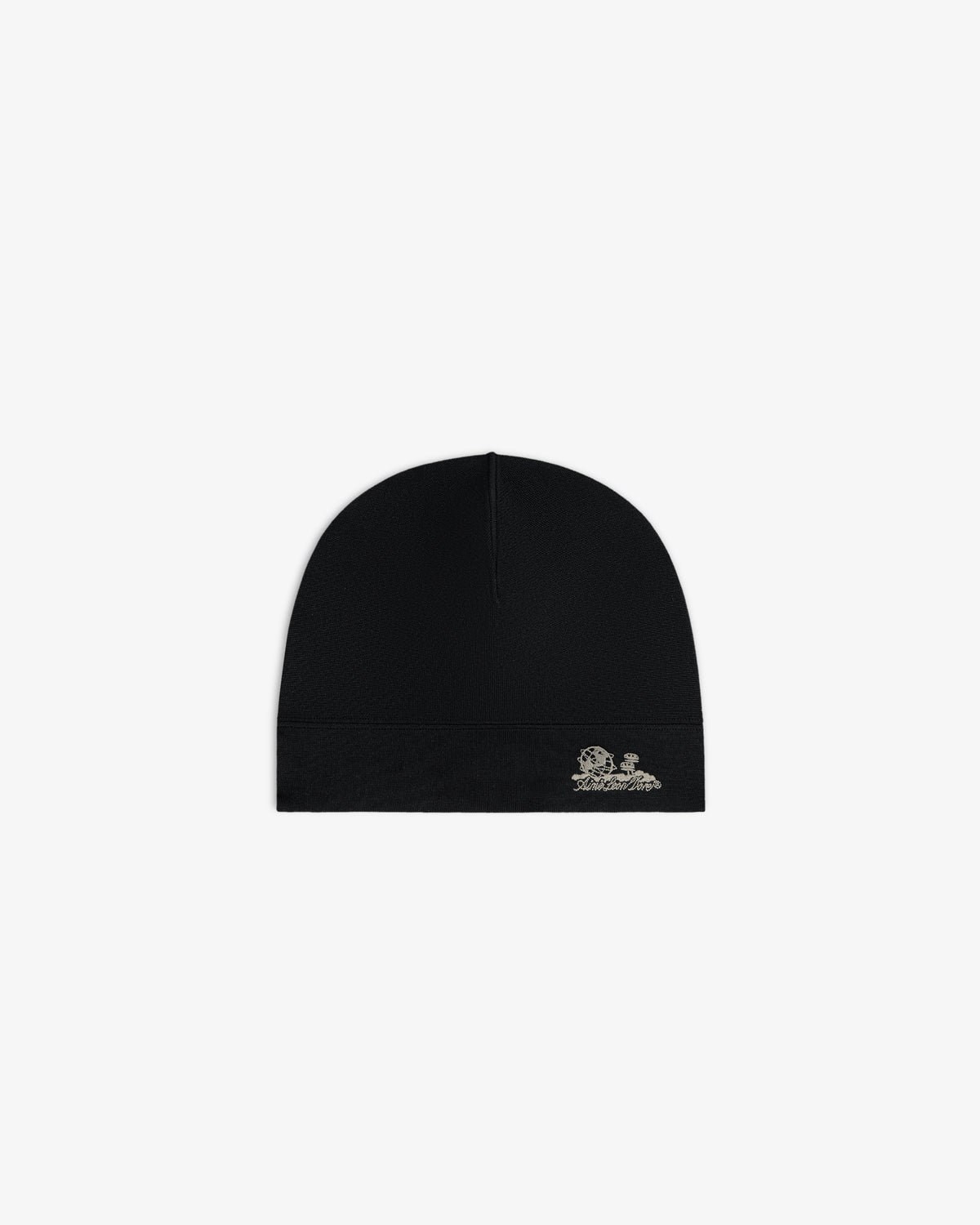 Unisphere Skull Cap: plain black beanie with small silver logo on front, shown on a white background.