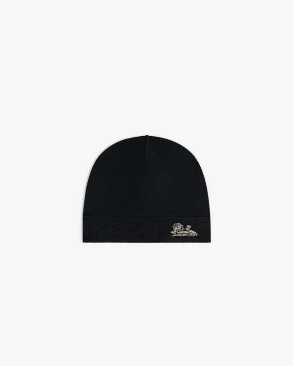 Unisphere Skull Cap: plain black beanie with small silver logo on front, shown on a white background.
