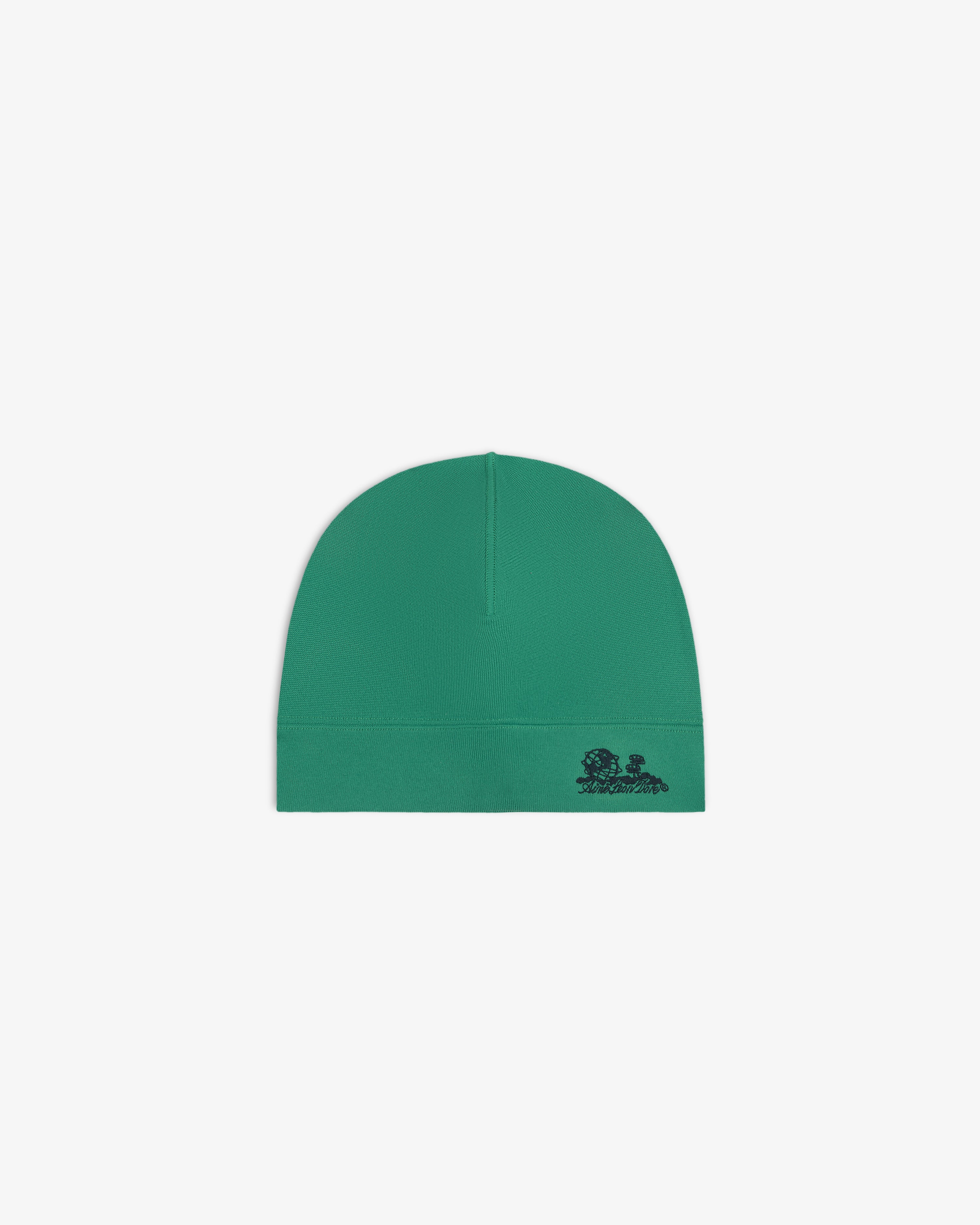 Unisphere Skull Cap: green, close-fitting beanie with a small black logo on the lower right front.