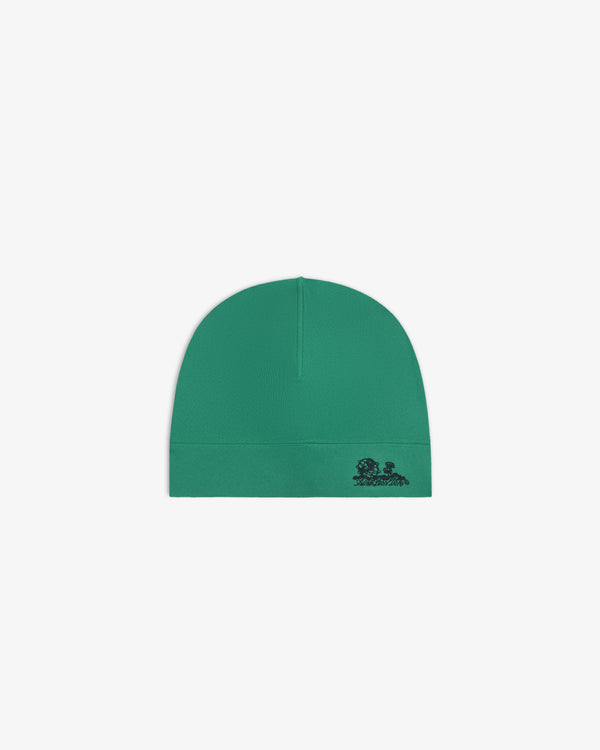 Unisphere Skull Cap: green, close-fitting beanie with a small black logo on the lower right front.