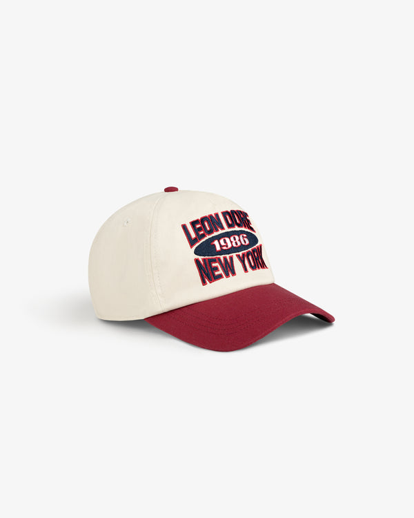 Colorblock Club Hat in cream/maroon with LEON DORE 1986 NEW YORK embroidered on the front.