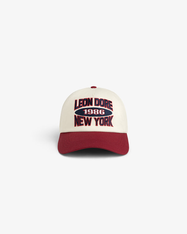Colorblock Club Hat: cream cap, burgundy brim, LEON DORE 1986 NEW YORK embroidered on front.
