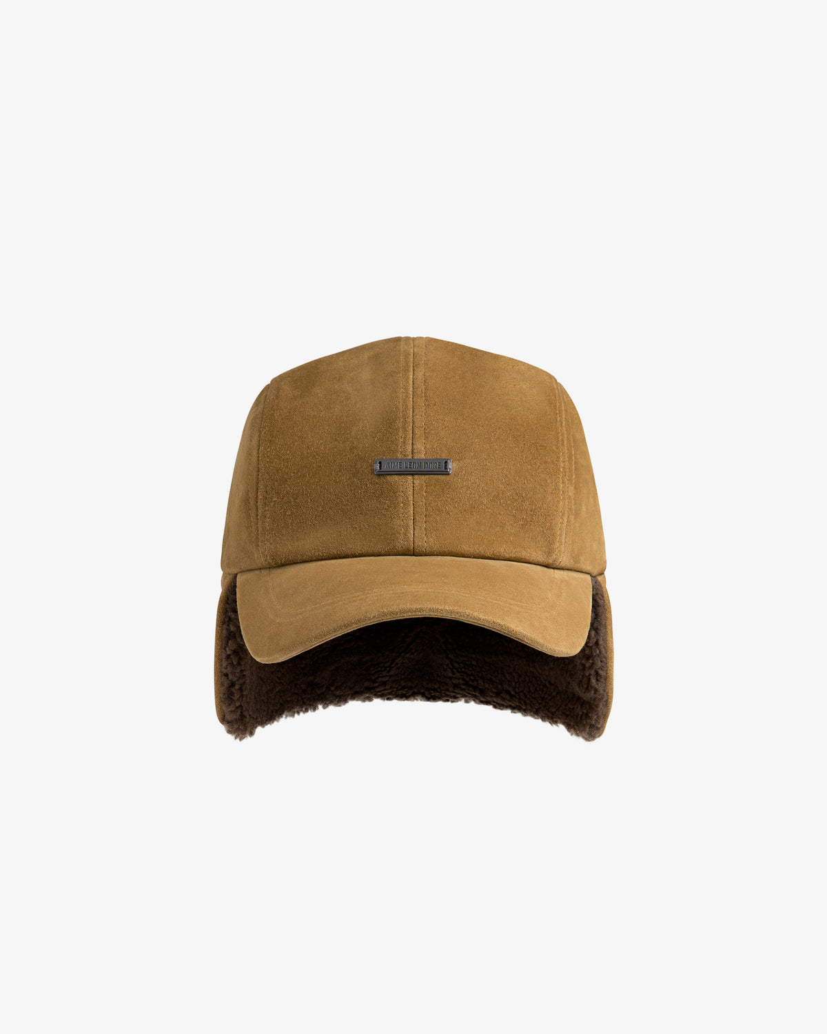 Shearling Earflap Hat in tan with fold-down earflaps lined with dark brown fleece.