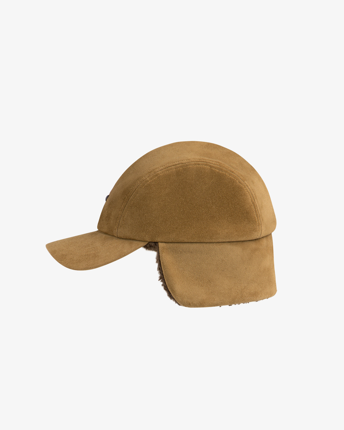 Shearling Earflap Hat in tan suede with fold-down earflaps lined with dark fleece.
