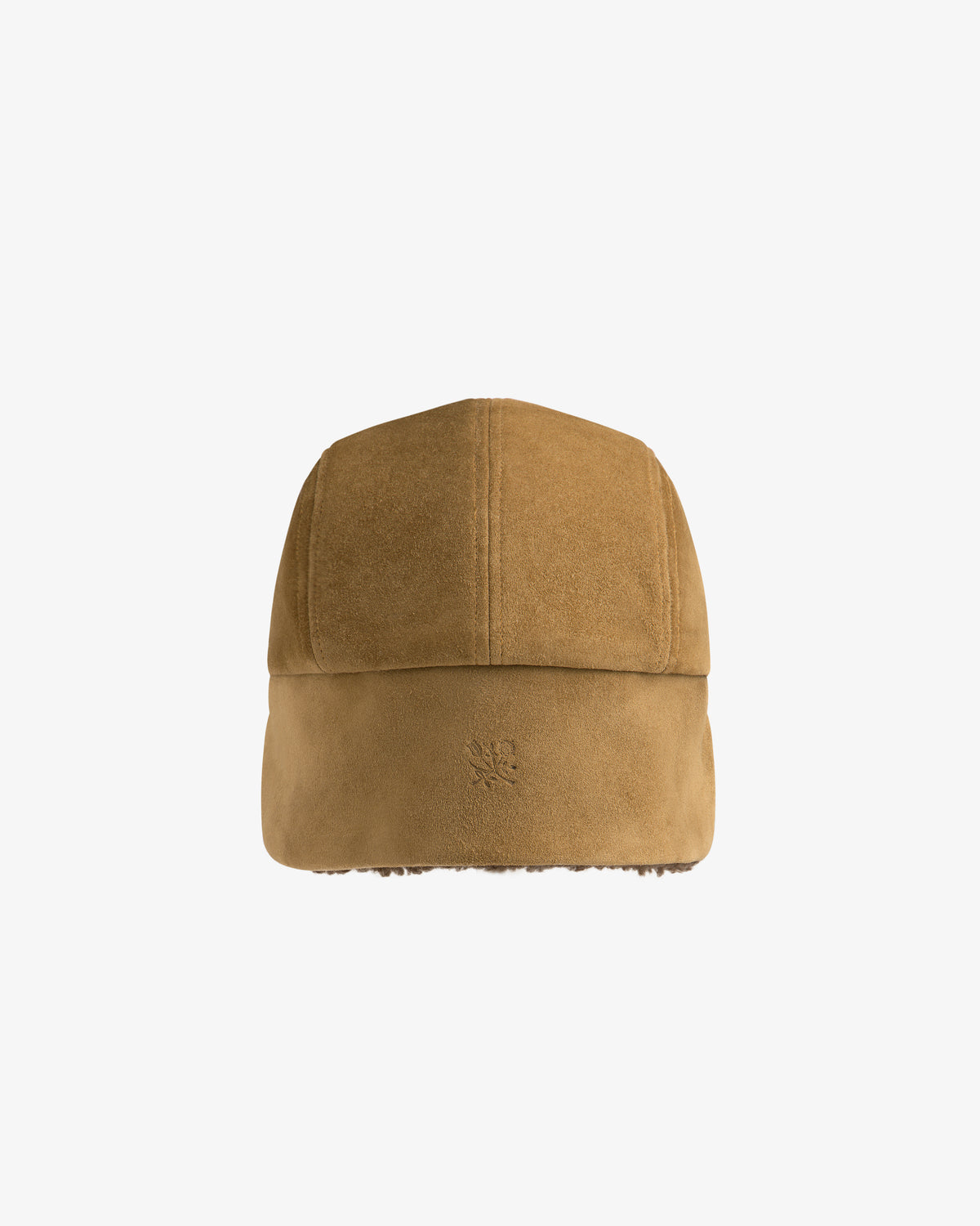Tan suede Shearling Earflap Hat with fold-down earflaps and a small logo on the back.