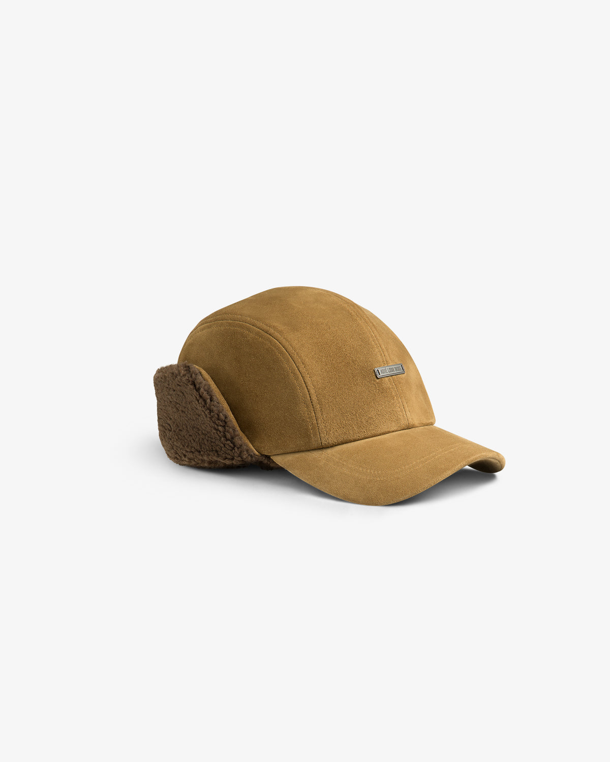 Tan Shearling Earflap Hat with fold-down earflaps lined with brown fleece.