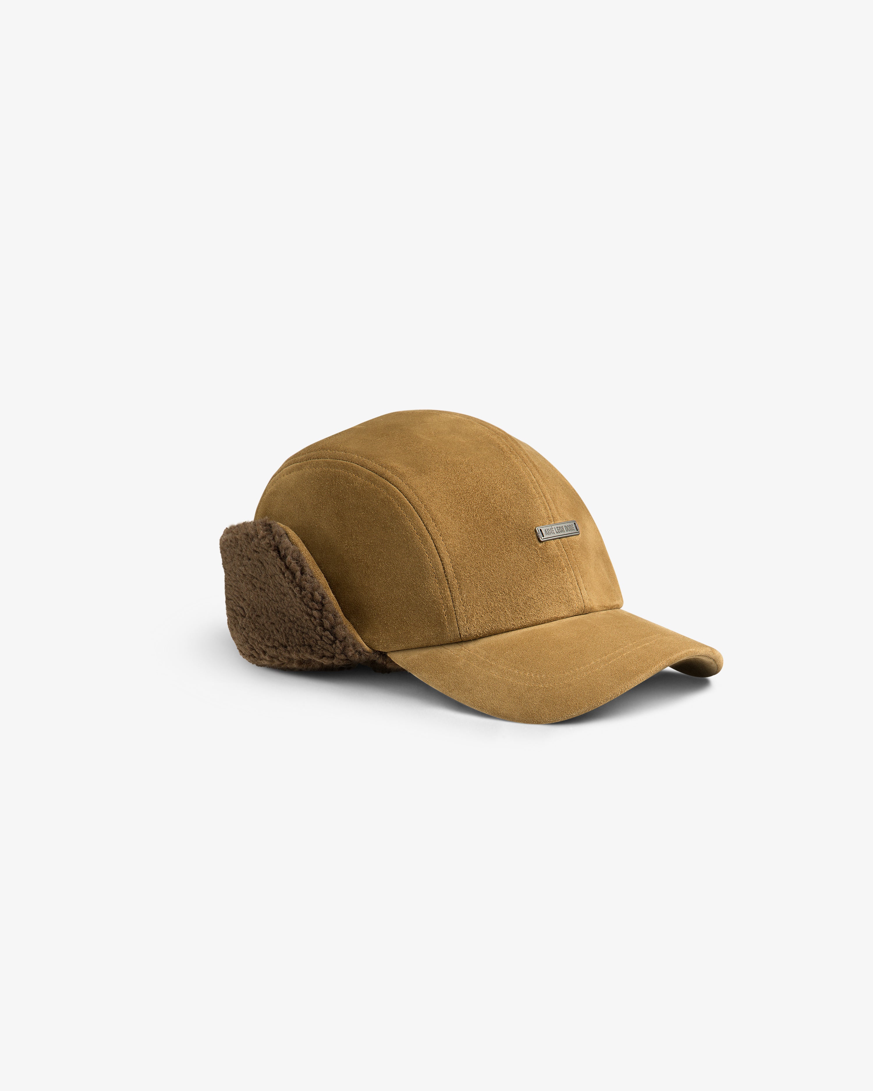 Tan Shearling Earflap Hat with fold-down earflaps lined with brown fleece.
