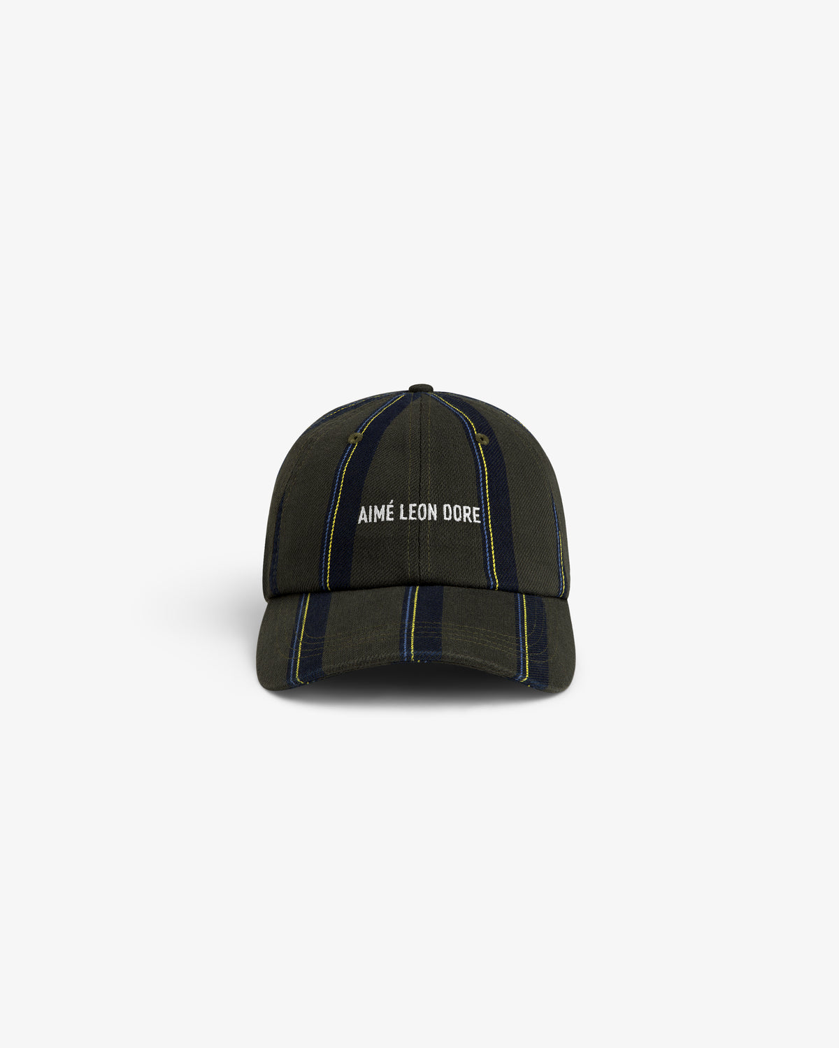 Striped Denim Logo Hat in dark green with white AIMÉ LEON DORE embroidery, front view.