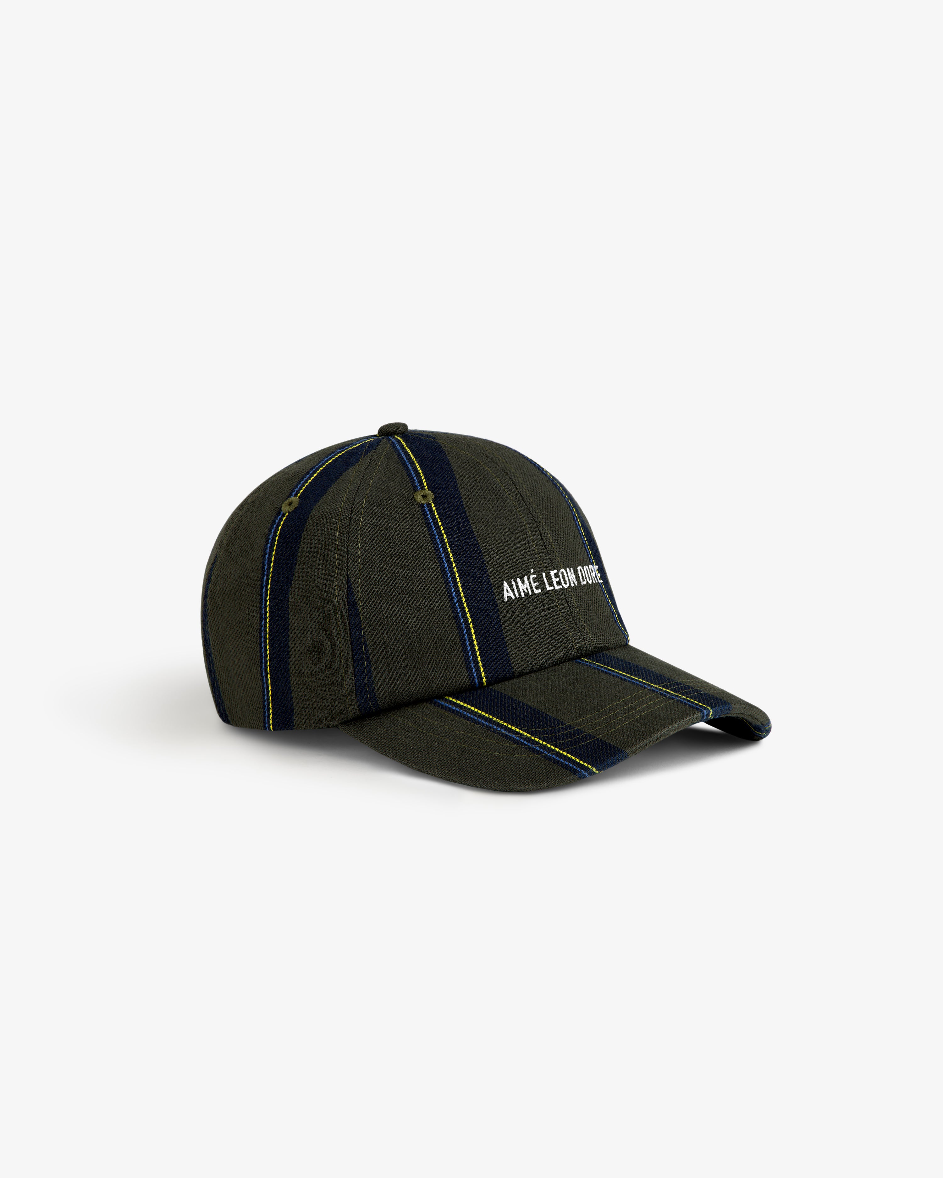 Striped Denim Logo Hat in green and navy with AIMÉ LEON DORE text embroidered on the front.