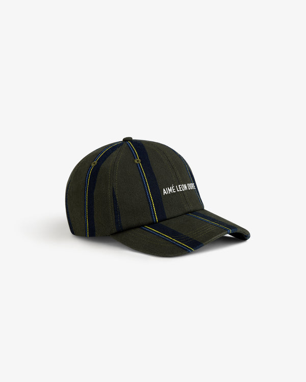 Striped Denim Logo Hat in green and navy with AIMÉ LEON DORE text embroidered on the front.