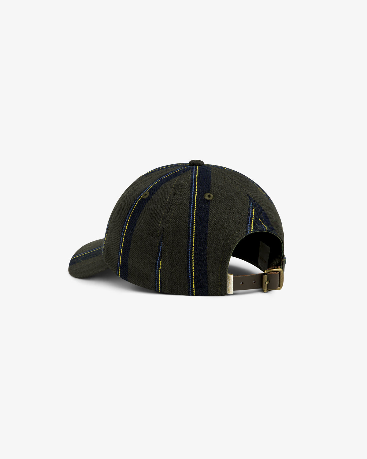 Back view of the Striped Denim Logo Hat in dark green/navy with adjustable strap and metal buckle.