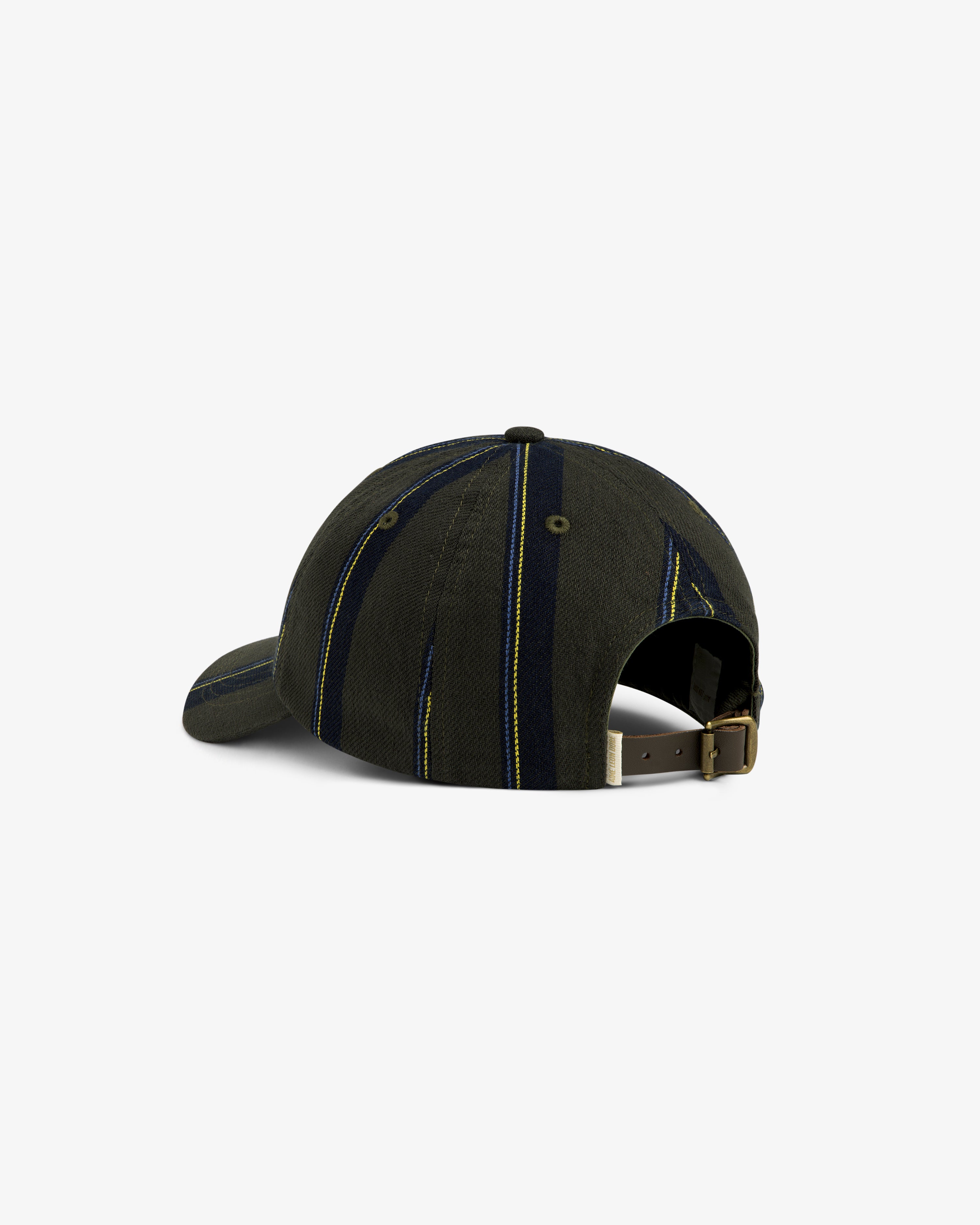 Back view of the Striped Denim Logo Hat in dark green/navy with adjustable strap and metal buckle.