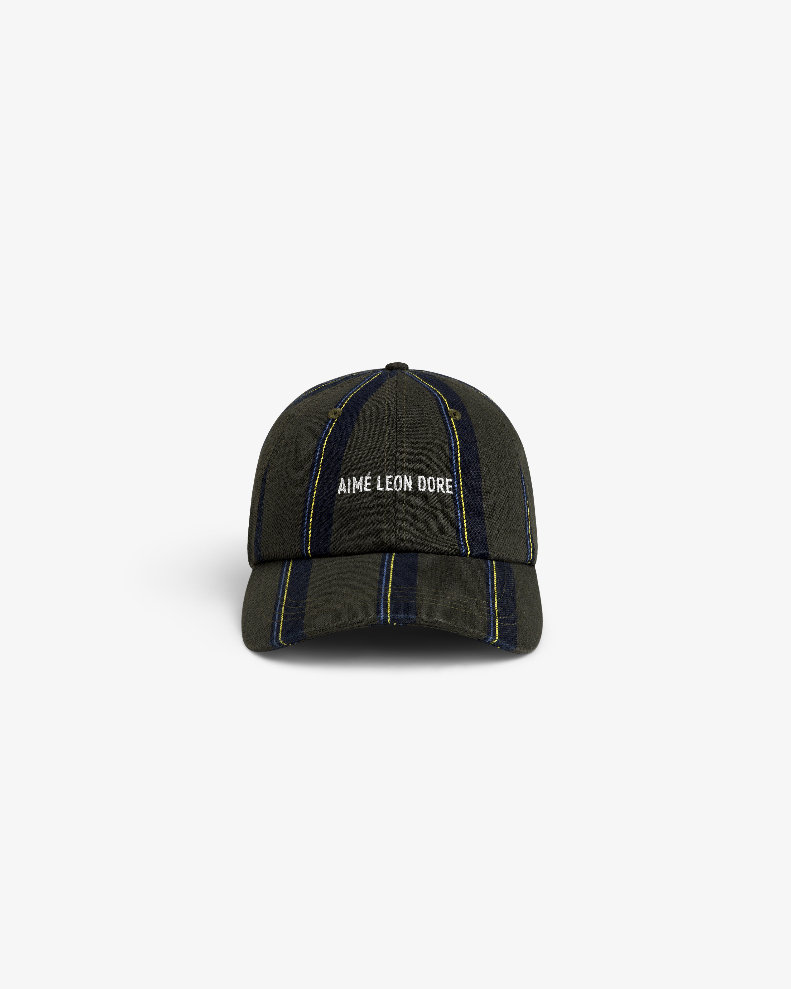 Striped Denim Logo Hat in dark green with white AIMÉ LEON DORE embroidery, front view.