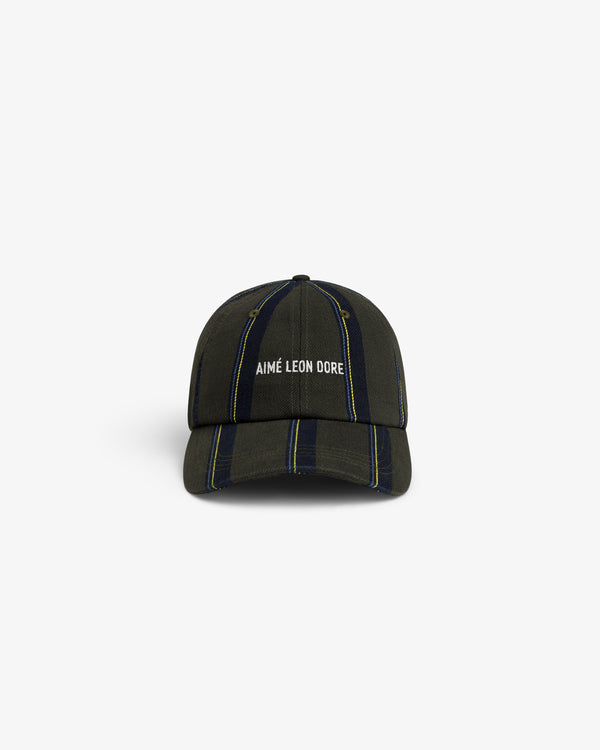 Striped Denim Logo Hat in dark green with white AIMÉ LEON DORE embroidery, front view.