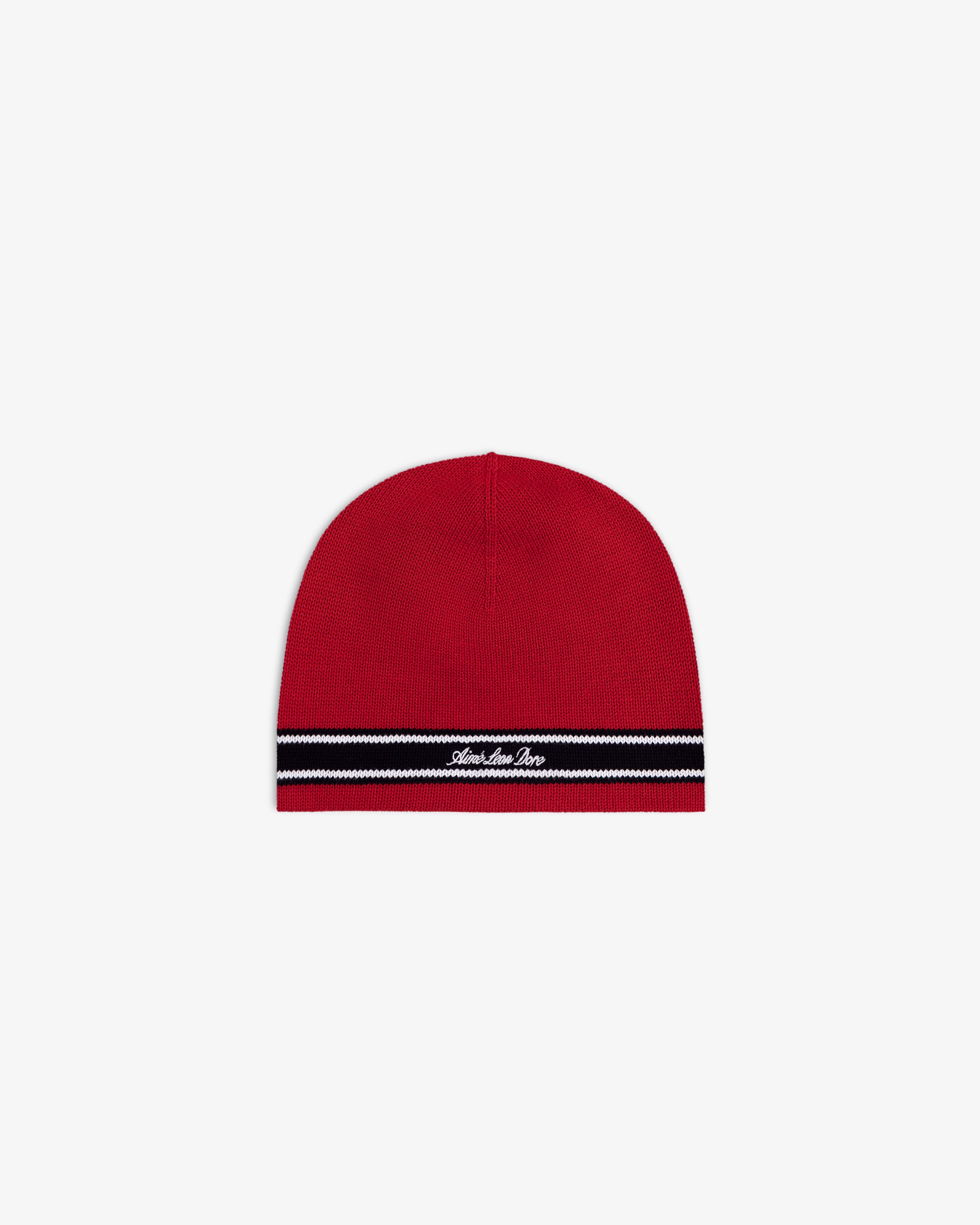 Stripe Knit Beanie in red with black and white stripes at brim and small white script logo on front.