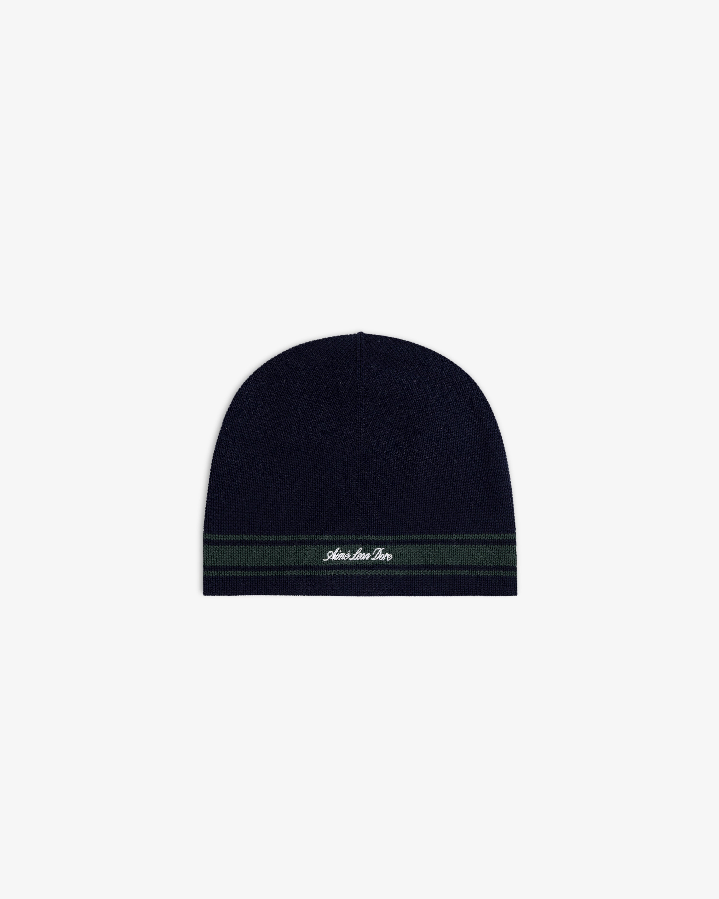Stripe Knit Beanie in navy with a green stripe and white embroidered text on the front.