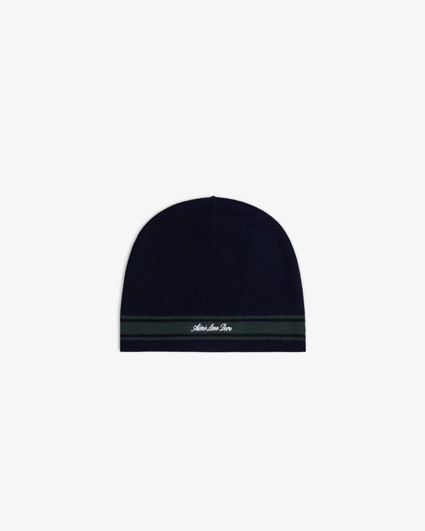 Stripe Knit Beanie in navy with a green stripe and white embroidered text on the front.