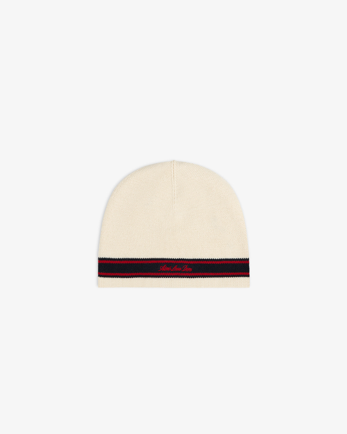 Stripe Knit Beanie: Cream knit with black and red stripe by hem, plus small red embroidered text.