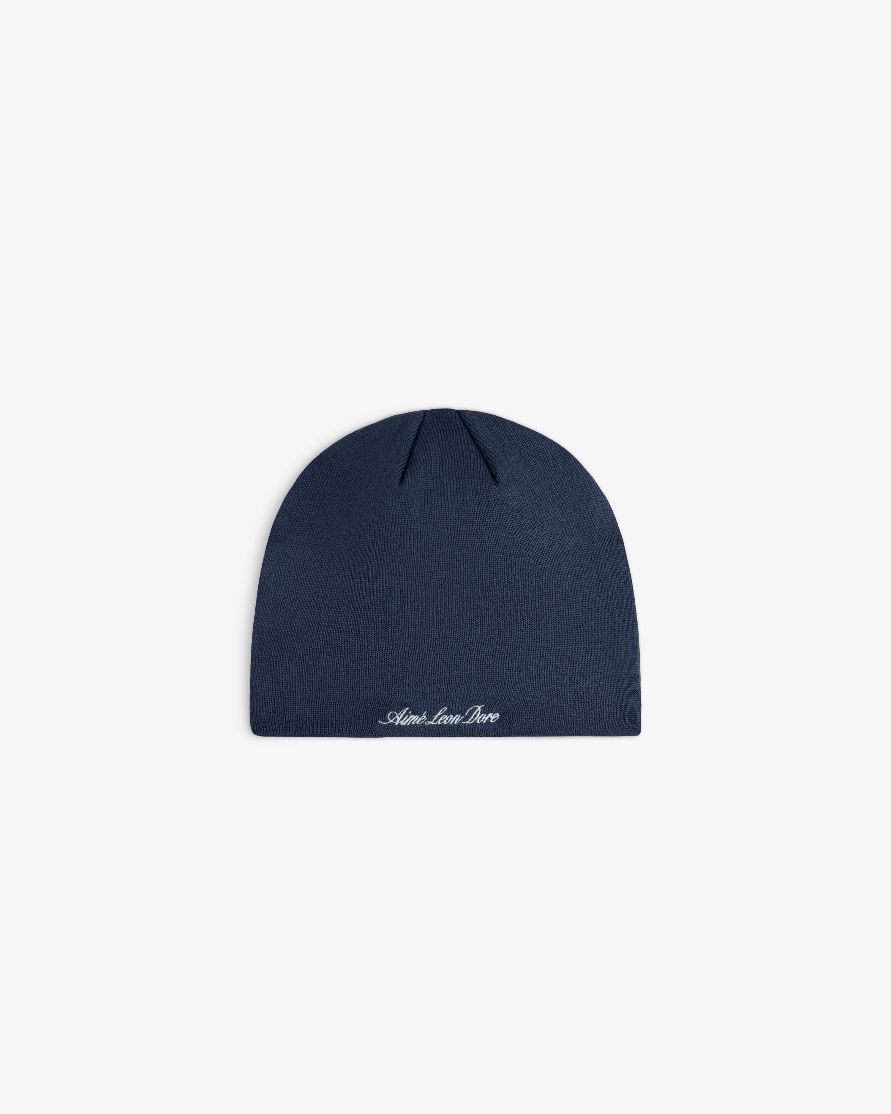 Navy blue ALD / New Era Dodgers Beanie with script embroidery at the hem.