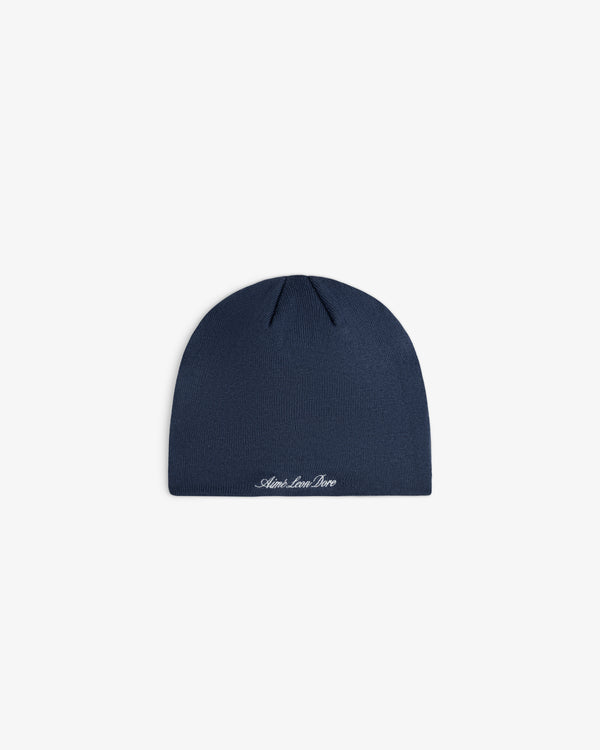 Navy blue ALD / New Era Dodgers Beanie with script embroidery at the hem.