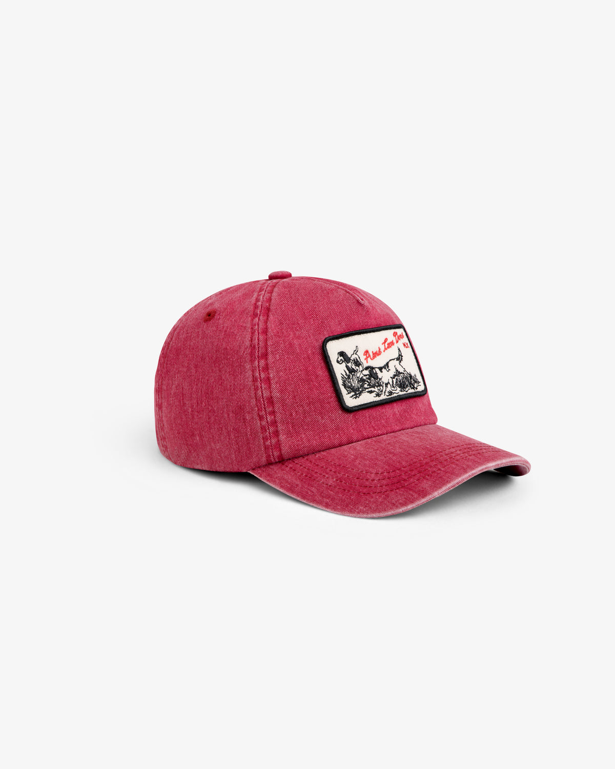 Faded red Aimé Retriever Hat featuring a rectangular patch with a drawing of a dog.