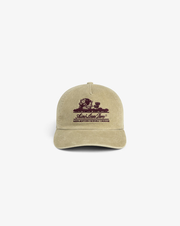 Tan Corduroy Unisphere Hat with a dark purple embroidered logo of the Unisphere and brand text.