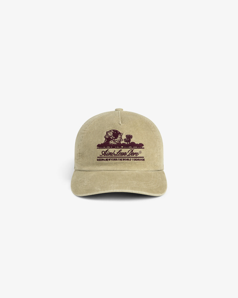 Tan Corduroy Unisphere Hat with a dark purple embroidered logo of the Unisphere and brand text.
