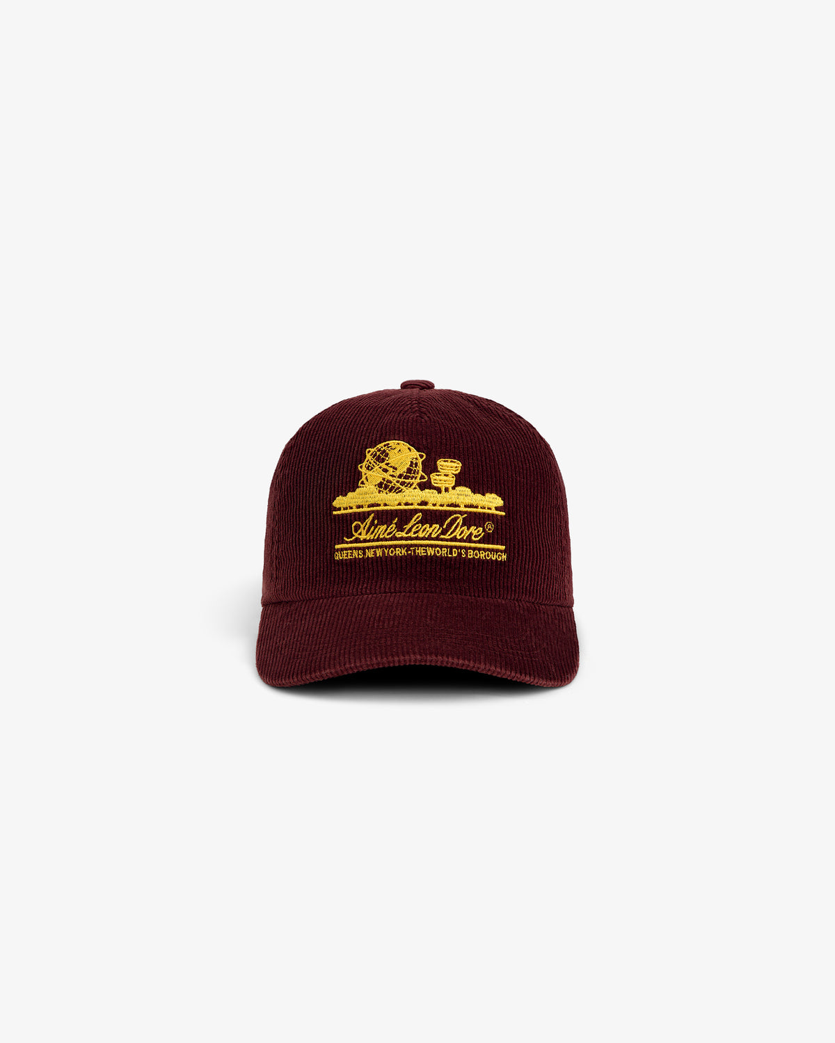 Burgundy Corduroy Unisphere Hat featuring an embroidered gold globe logo and text.