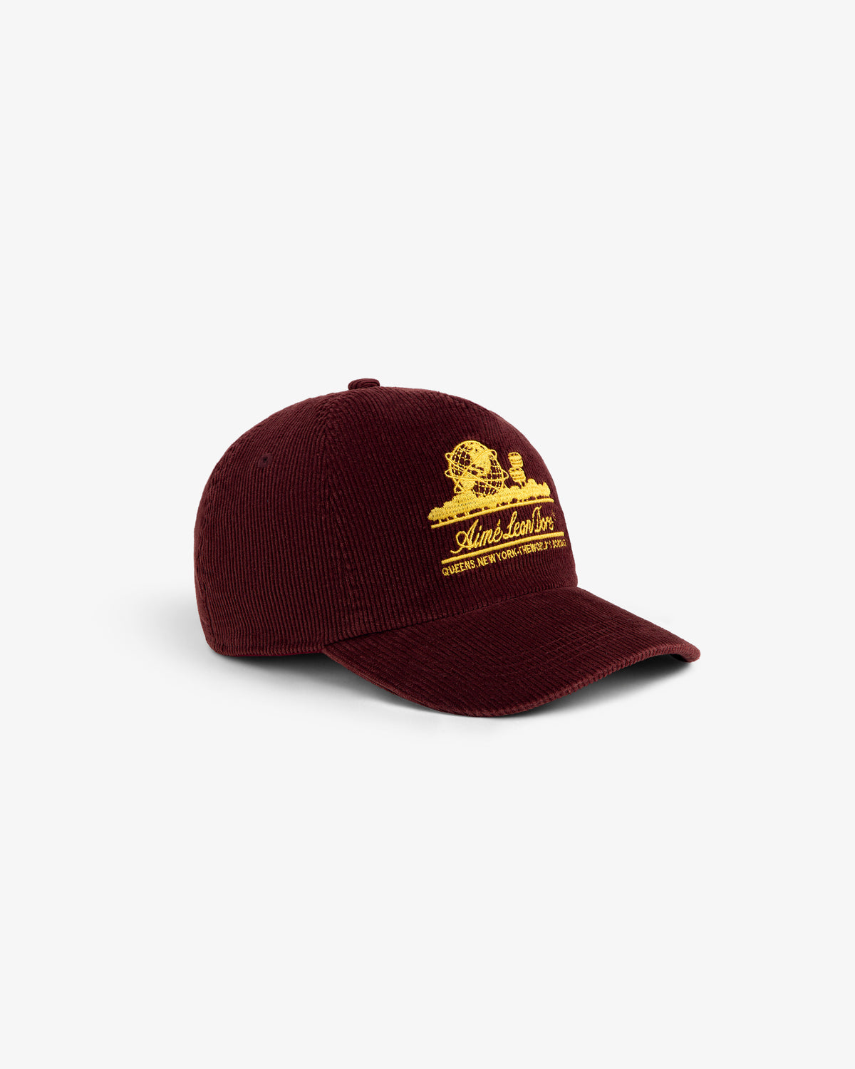 Maroon Corduroy Unisphere Hat with yellow embroidery of a globe and text.