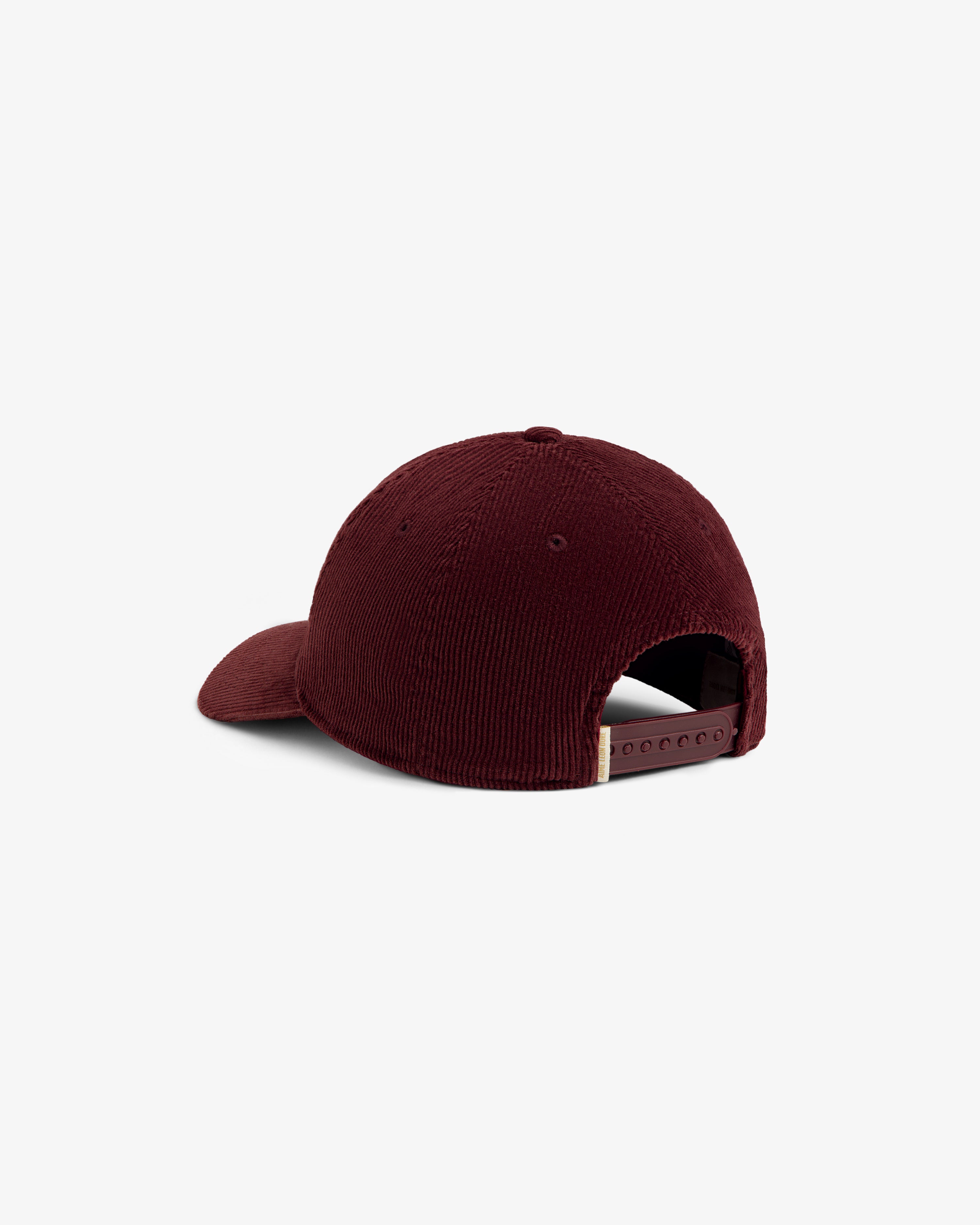 Burgundy corduroy Unisphere Hat baseball cap with an adjustable snapback closure.