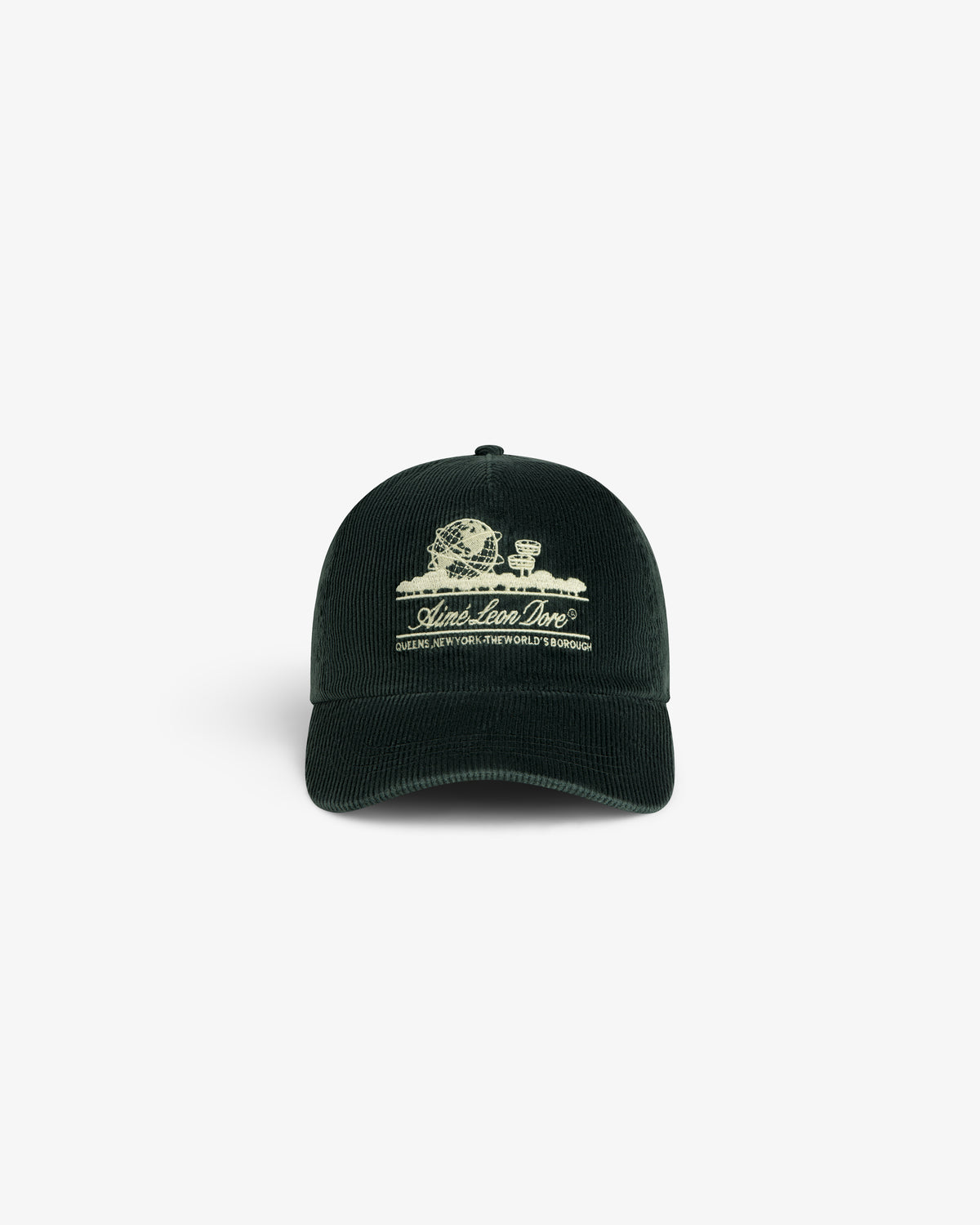 Dark green Corduroy Unisphere Hat featuring an embroidered globe logo and text on the front.