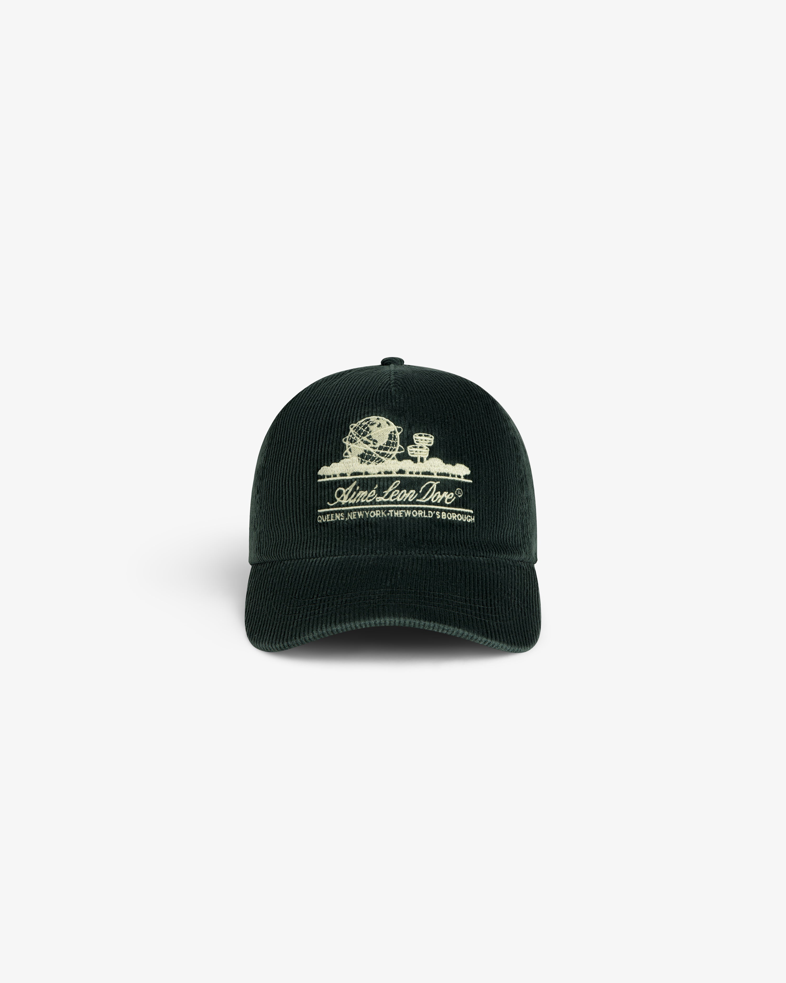 Dark green Corduroy Unisphere Hat featuring an embroidered globe logo and text on the front.