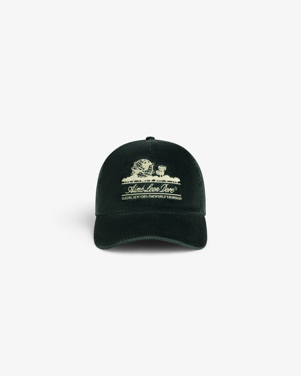 Dark green Corduroy Unisphere Hat featuring an embroidered globe logo and text on the front.