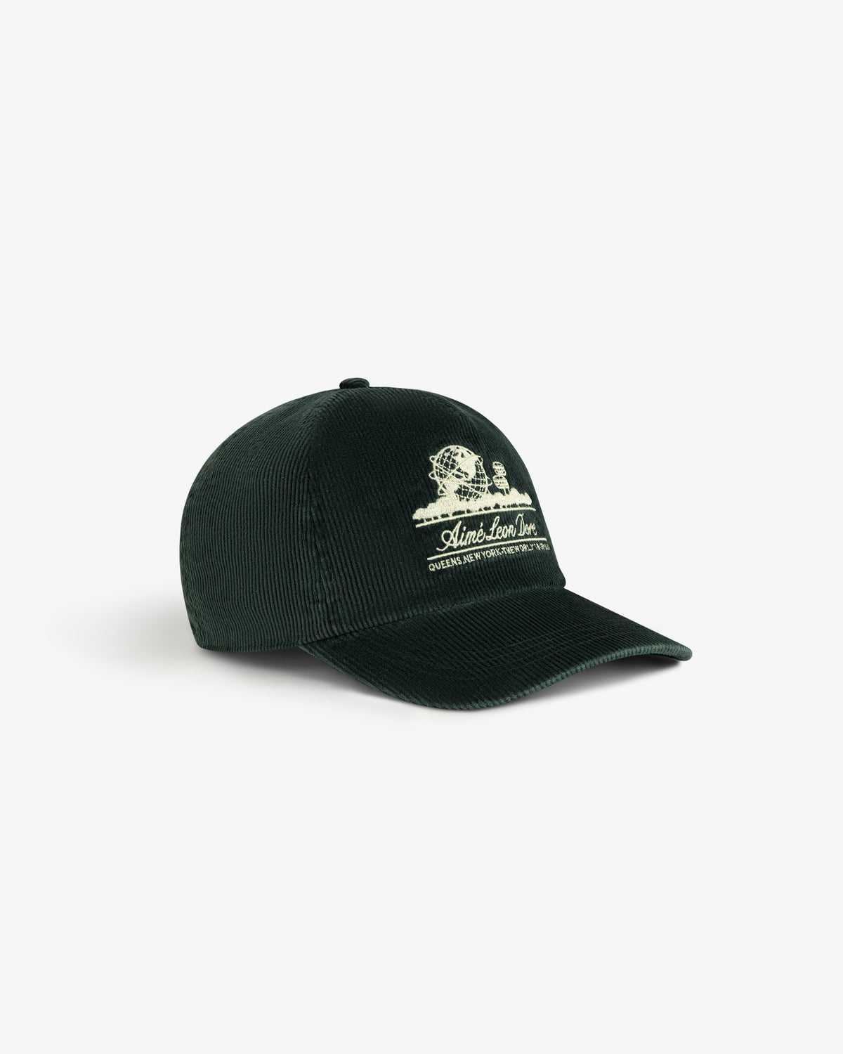 Dark green Corduroy Unisphere Hat featuring an embroidered globe logo and text.