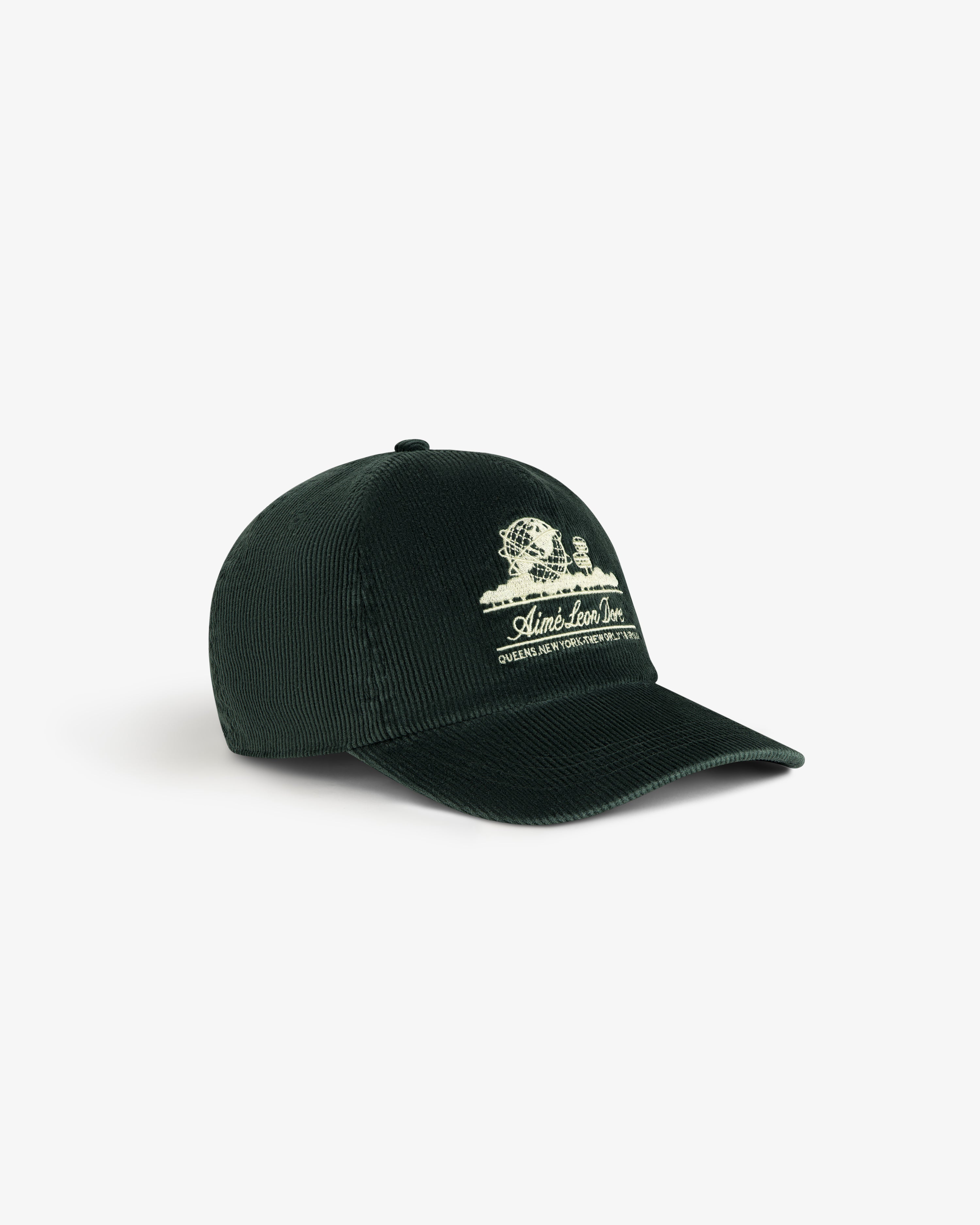 Dark green Corduroy Unisphere Hat featuring an embroidered globe logo and text.