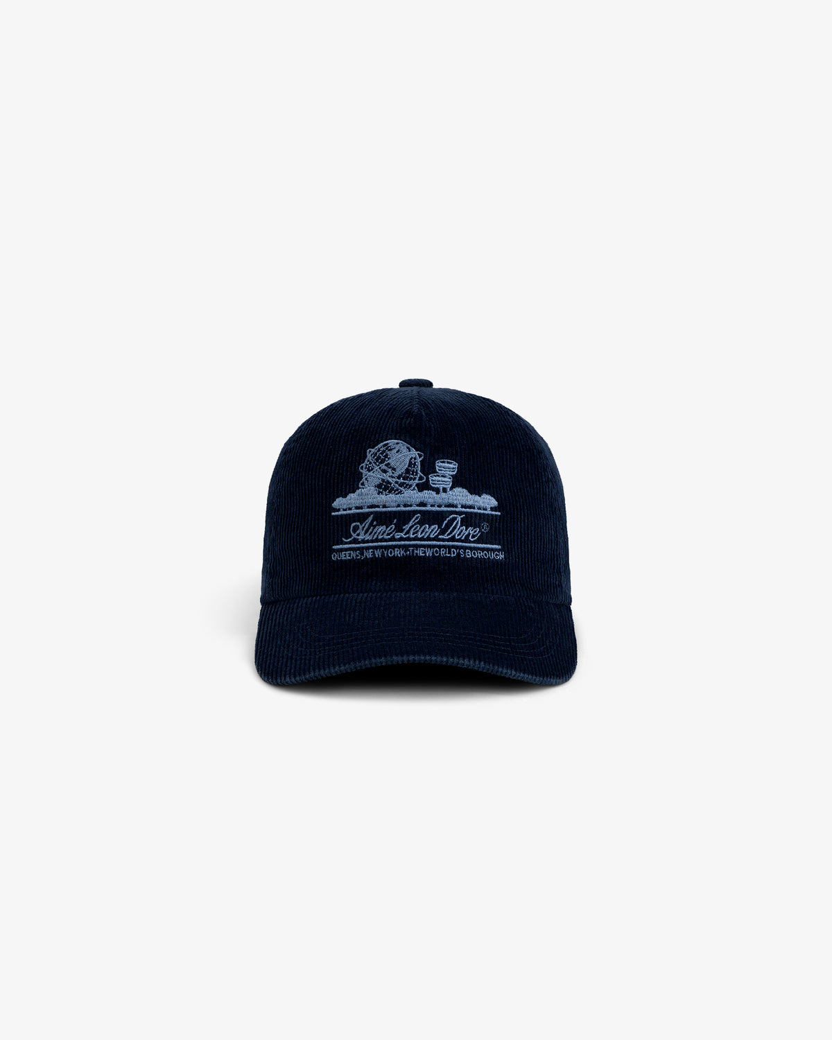 Navy Corduroy Unisphere Hat with a light blue globe and text embroidery on the front.