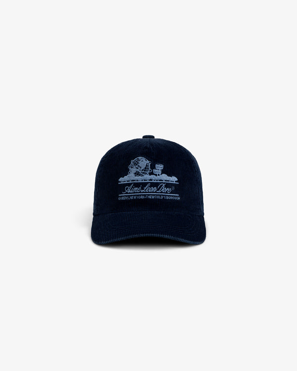 Navy Corduroy Unisphere Hat with a light blue globe and text embroidery on the front.