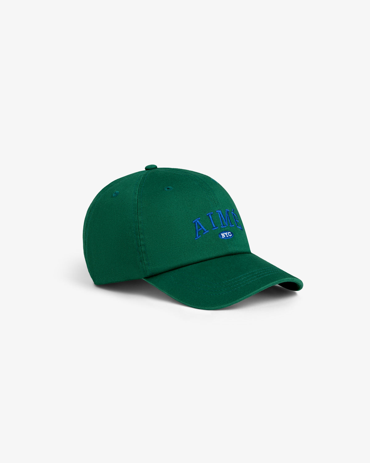 Aimé Souvenir Hat: green cap with blue “AIME NYC” embroidery, displayed on a plain white background.