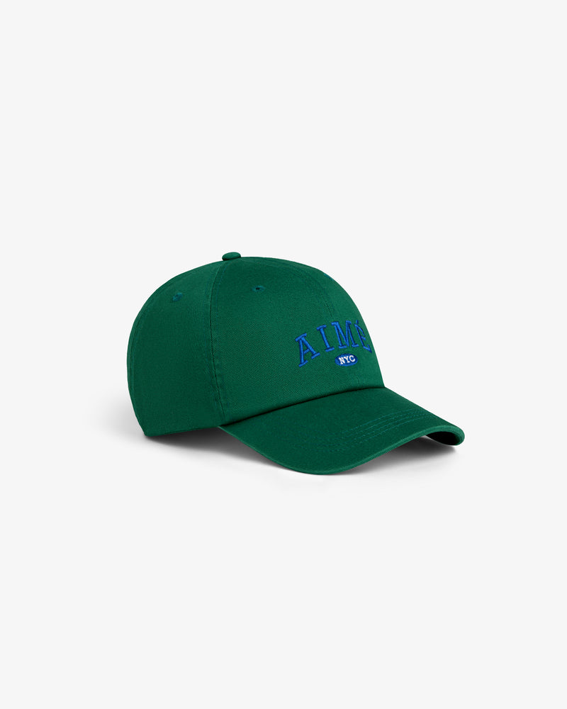 Aimé Souvenir Hat: green cap with blue “AIME NYC” embroidery, displayed on a plain white background.