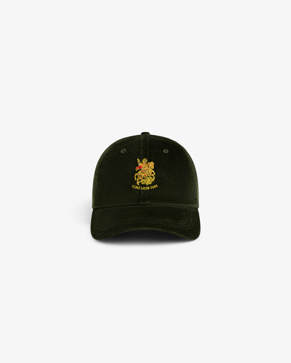 Saint George Corduroy Hat in dark green with yellow crest and “LUXE LION CREW” embroidered on the front.