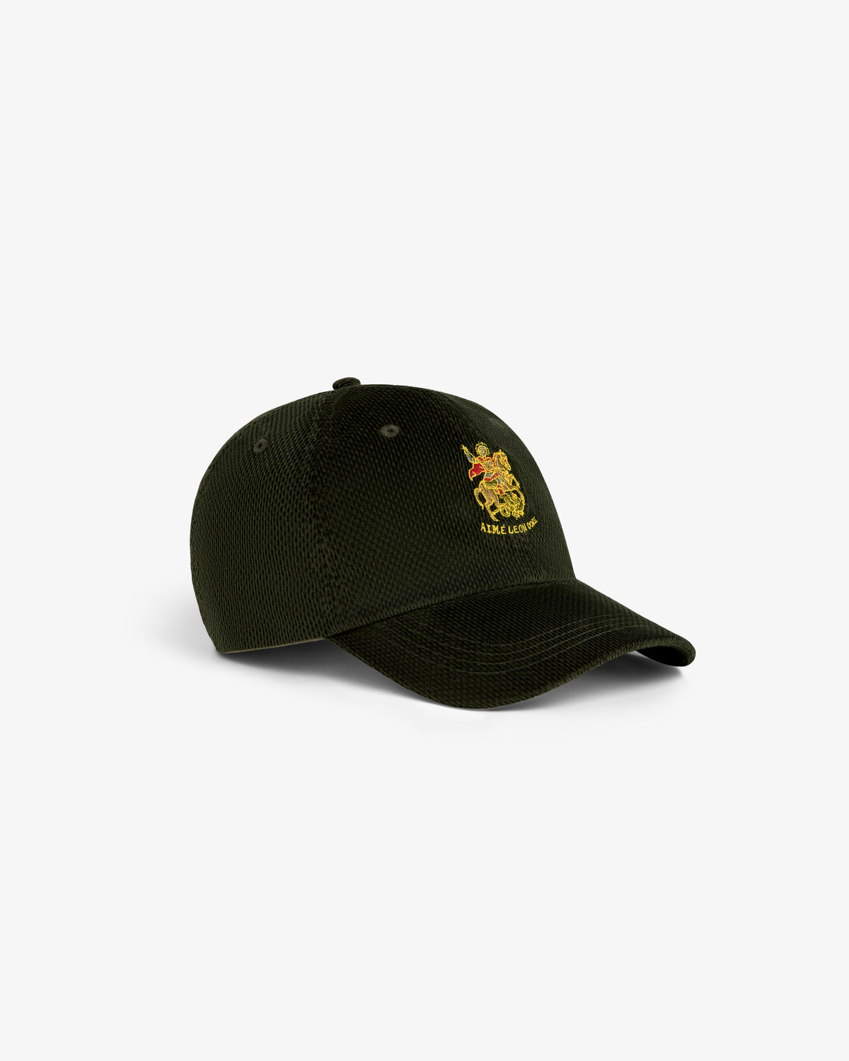 Saint George Corduroy Hat in dark green with yellow embroidered crest and text on front, shown at a slight angle.