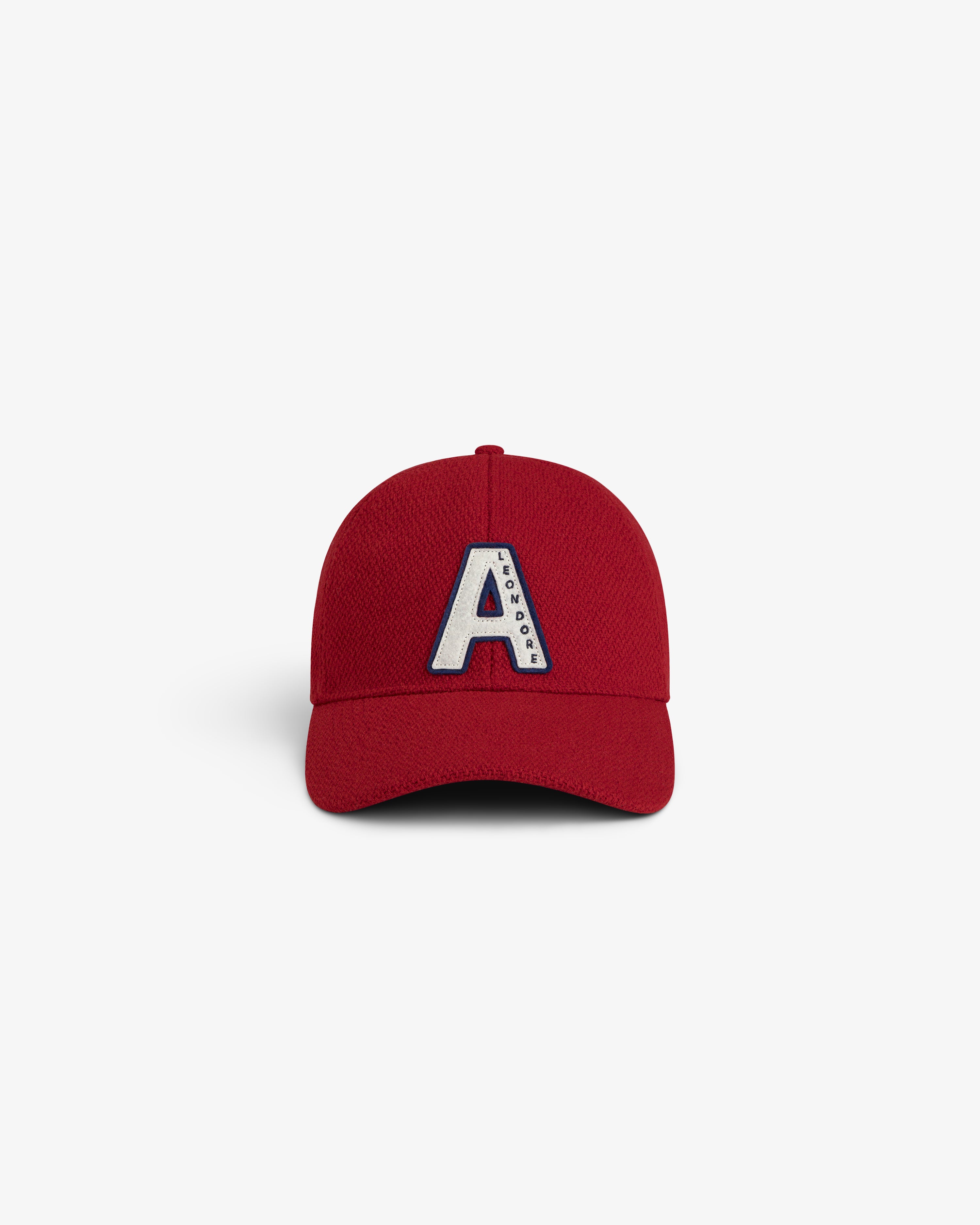 Wool Varsity Logo Hat in red featuring a white A patch with small text inside the letter.