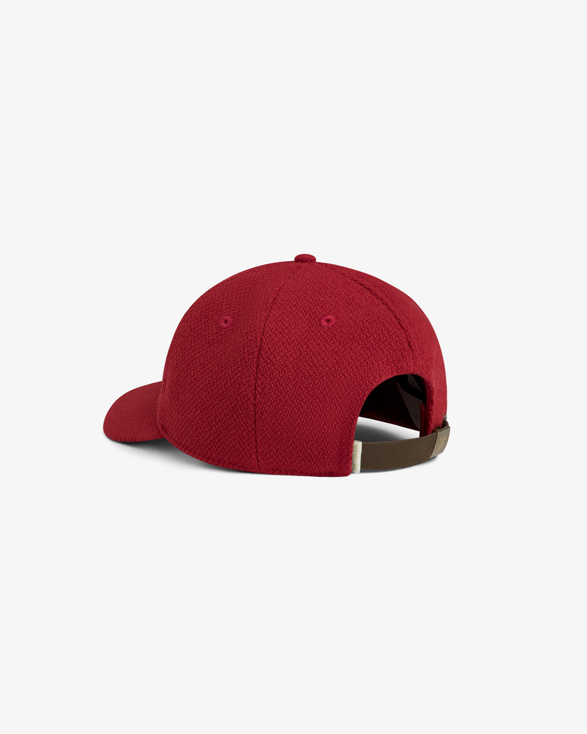 Wool Varsity Logo Hat in red with a brown adjustable strap at the back.