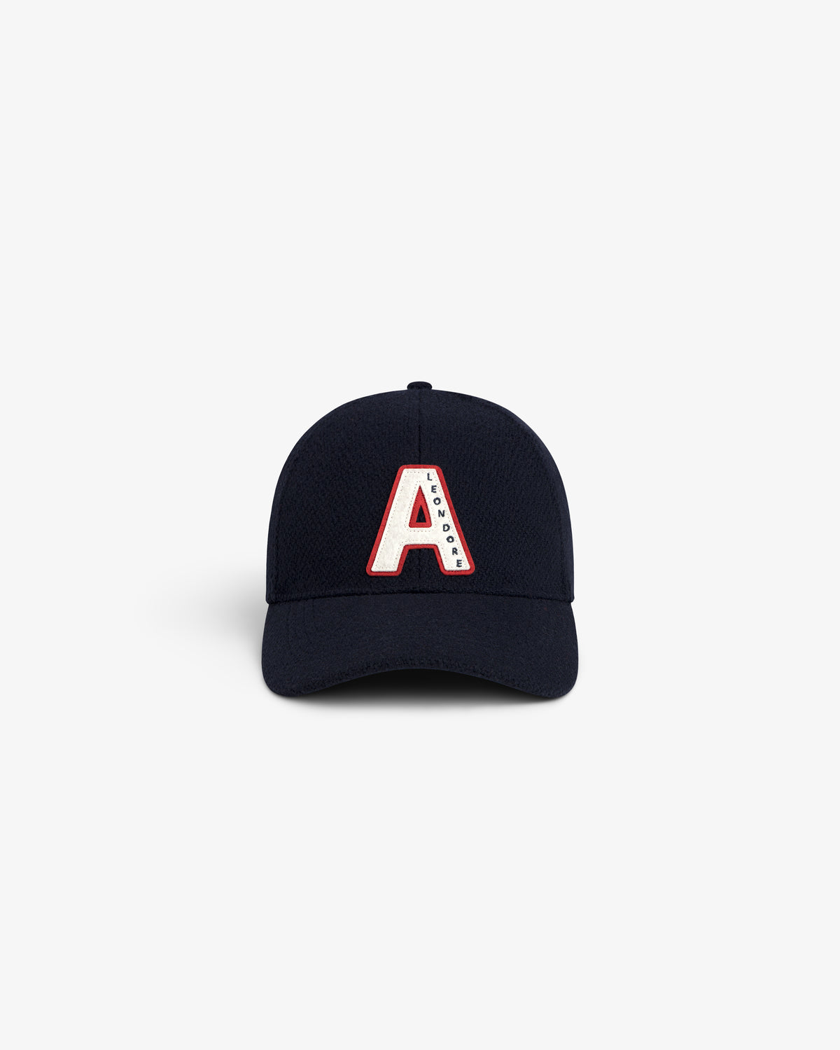 Navy Wool Varsity Logo Hat featuring a white letter A with red trim and small lettering.