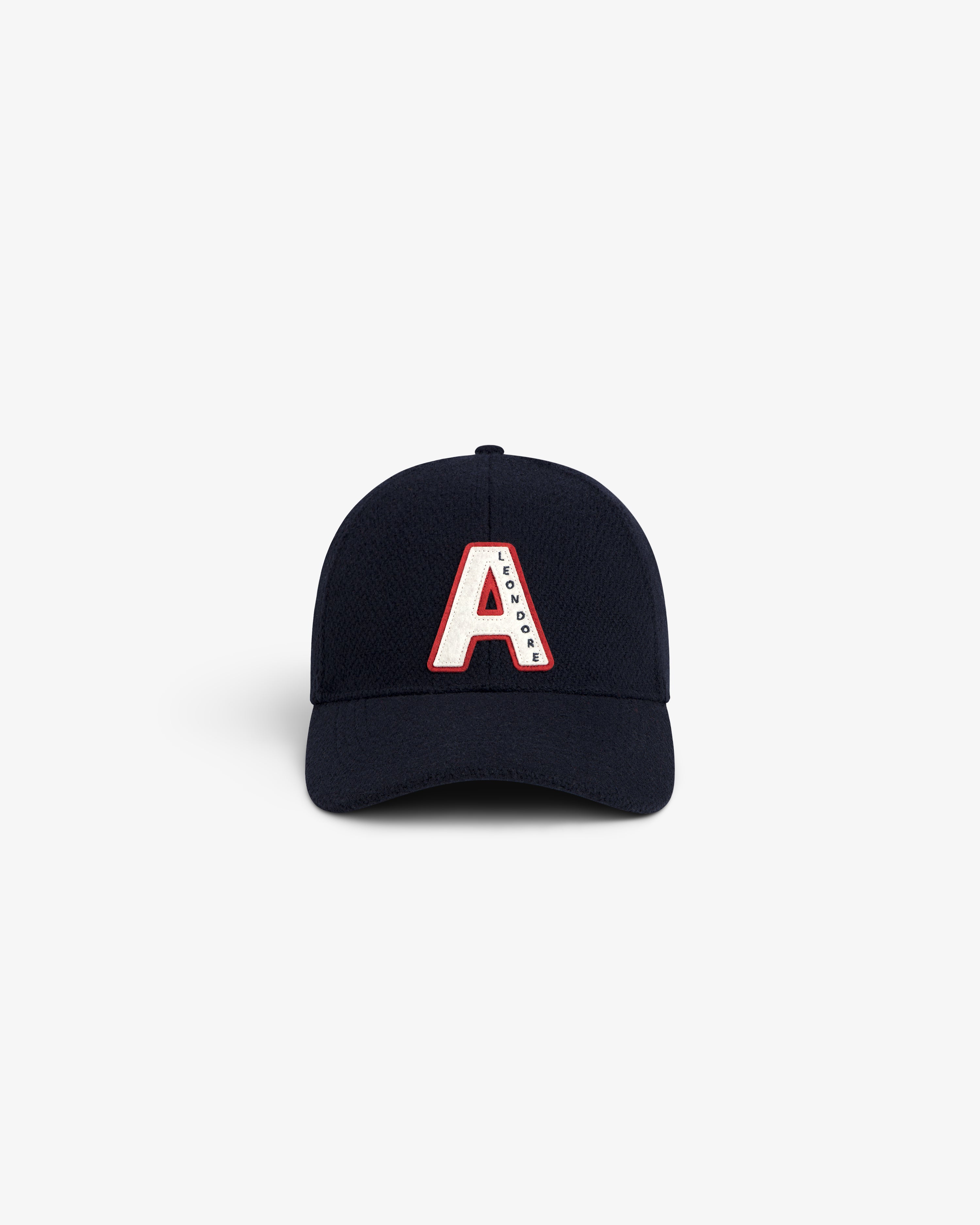 Navy Wool Varsity Logo Hat featuring a white letter A with red trim and small lettering.