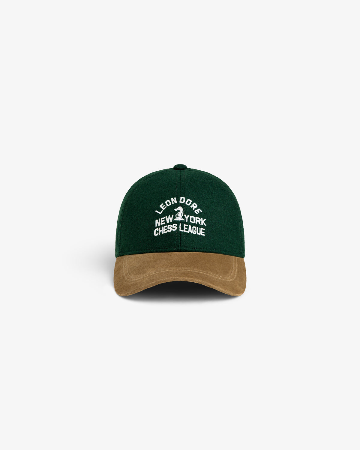 Triborough Chess Club Wool Hat: green and brown cap with white LEON DORE NEW YORK CHESS LEAGUE text on front.