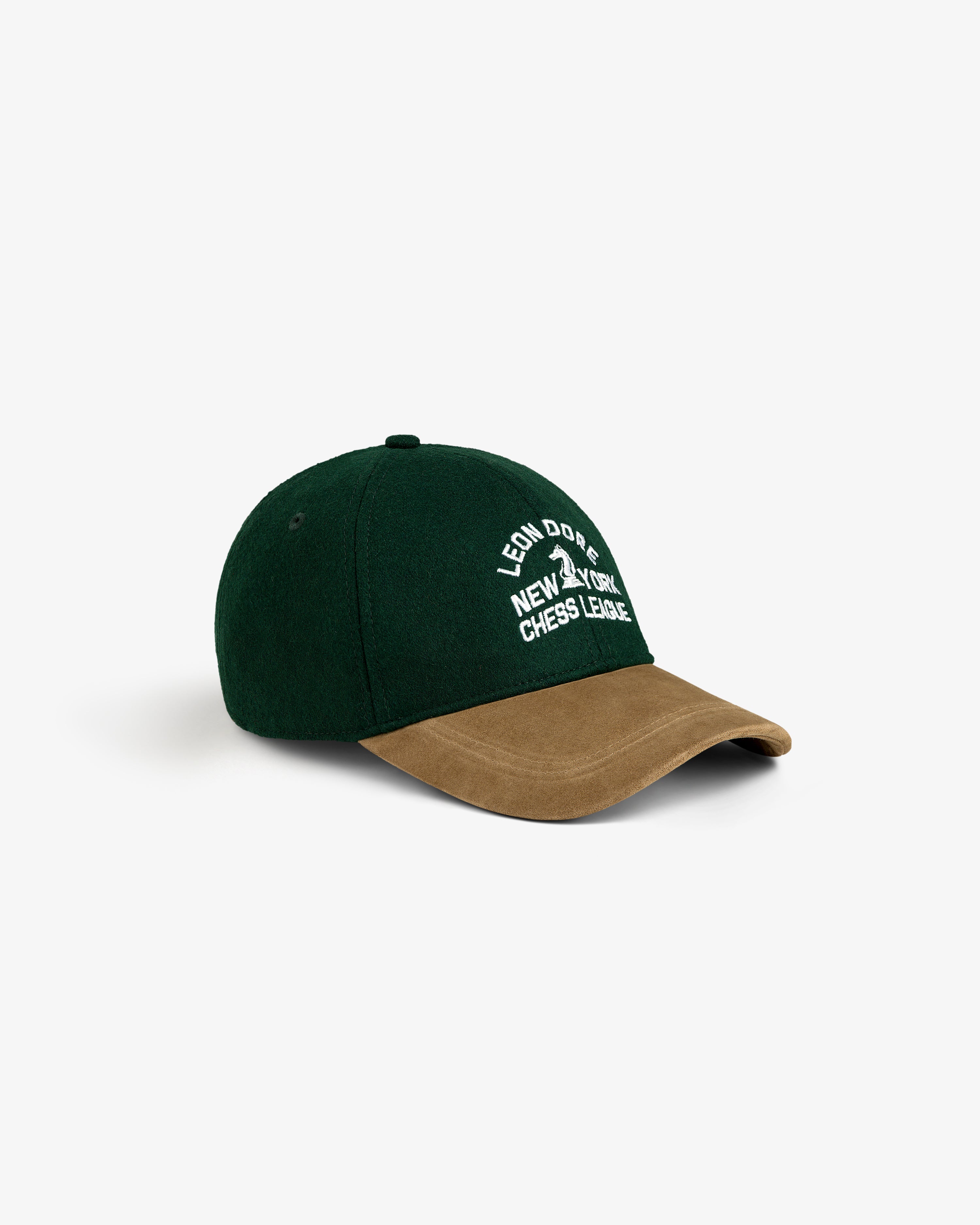 Triborough Chess Club Wool Hat: dark green, brown suede brim, white club text on front.