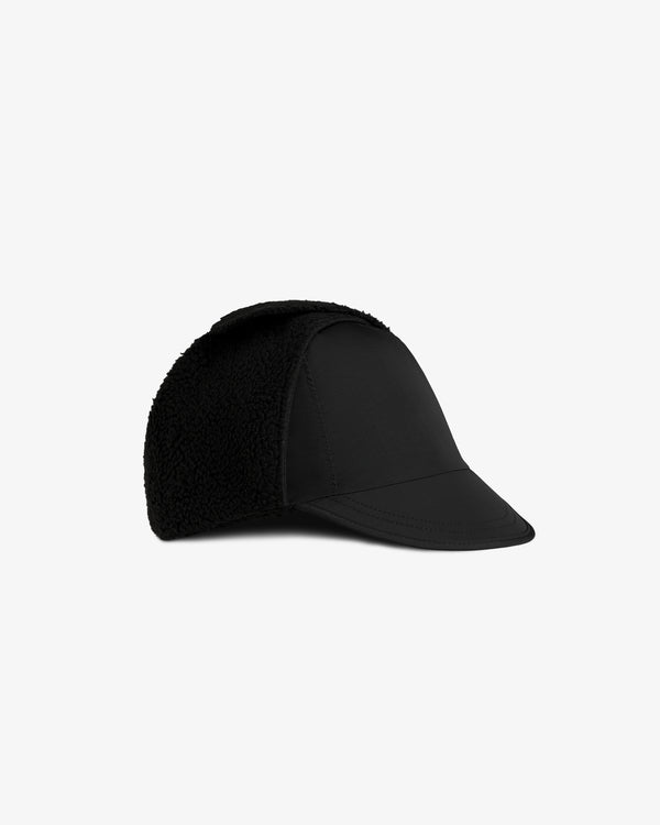 Black Fleece Lined Earflap Hat with a stiff brim and textured earflaps.