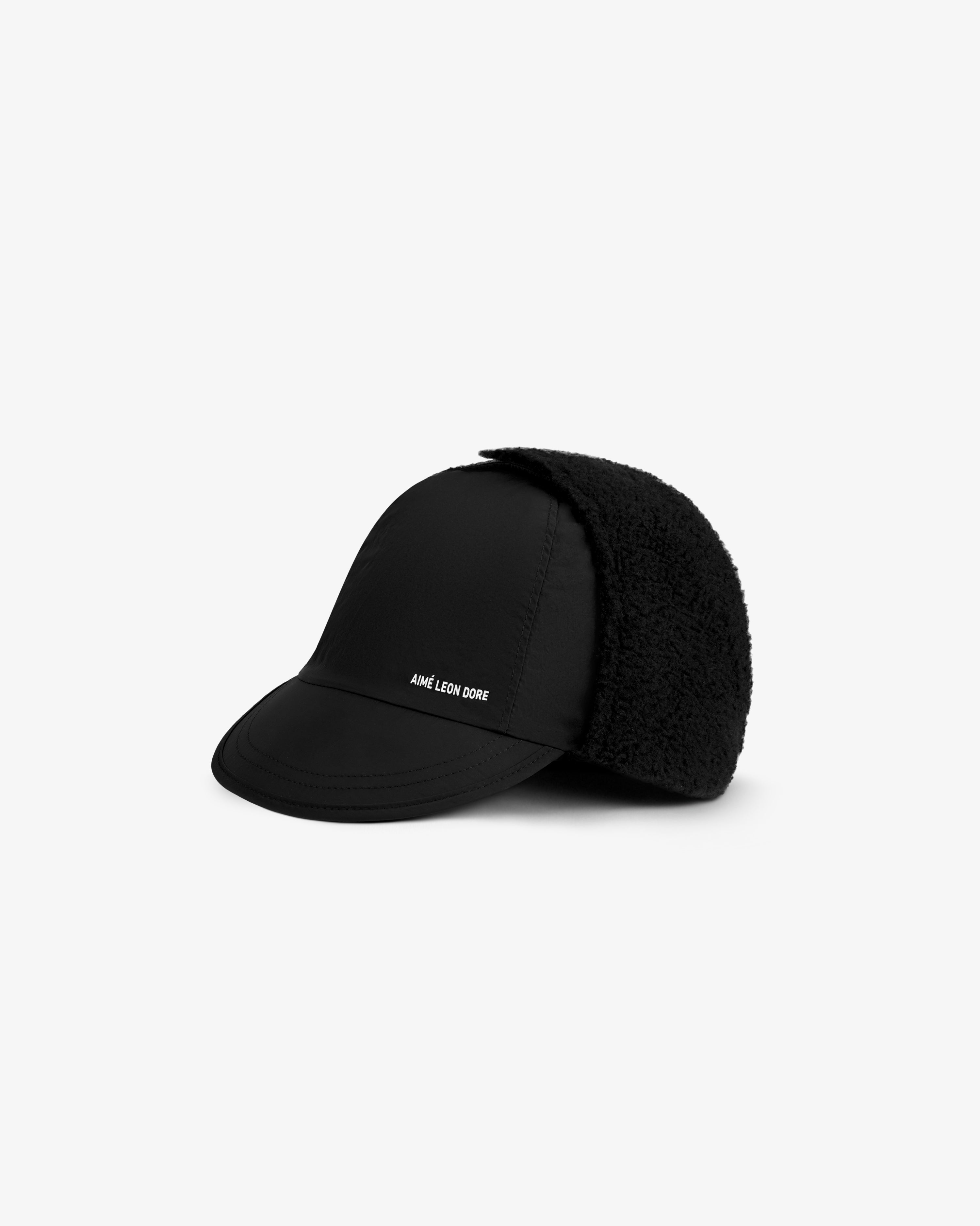 Black Fleece Lined Earflap Hat with side logo text.
