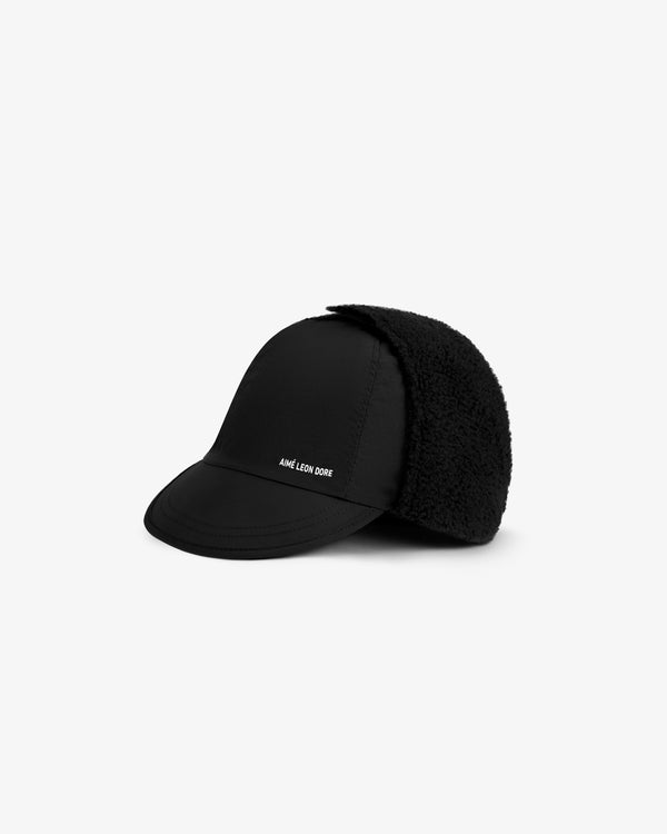 Black Fleece Lined Earflap Hat with side logo text.
